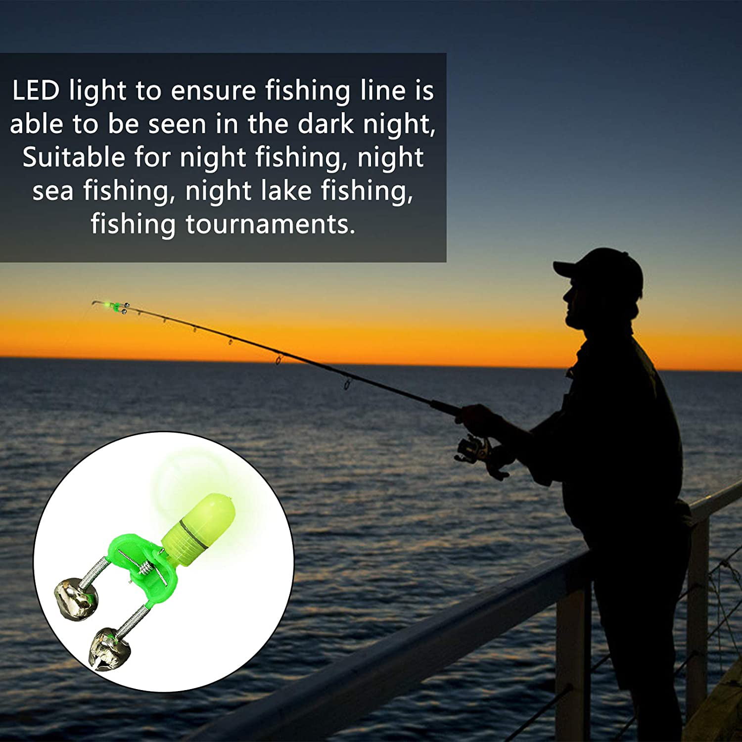 20 Pack LED Night Fishing Rod Bite Alarm Light Sound Alarm Alert Twin Bells Ring 