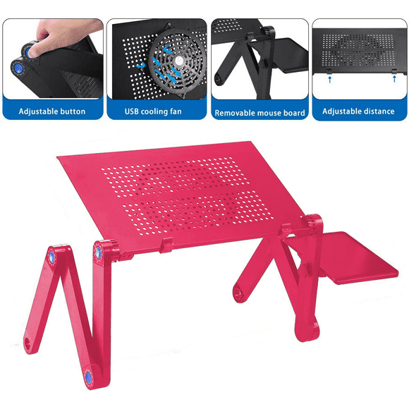 Aluminum Laptop Stand Adjustable with Cooling Fan and Mouse Pad, Reinforced Ergonomic Lap Desk Foldable Portable Computer Table for Bed Sofa Couch Office