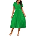 thumbnail image 2 of Vestido midi plisado fluido con cinturón de manga corta y escote en V para mujer Inspire Chic 2024, color verde, talla XL, 2 of 6