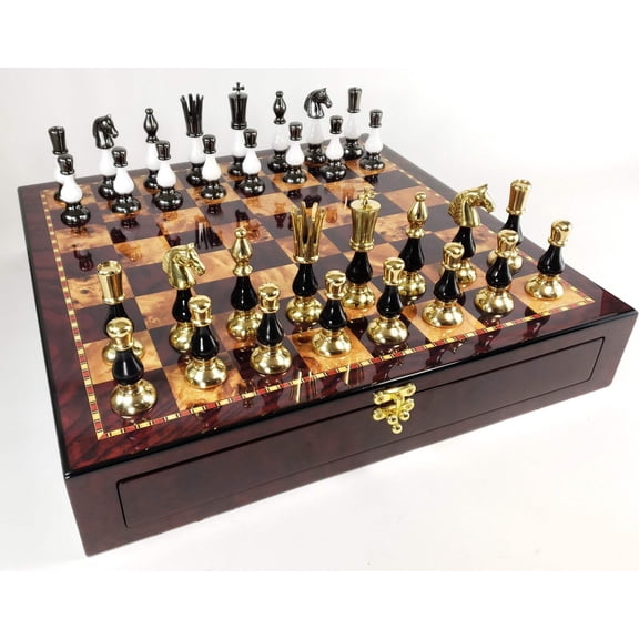 LARGE Brass Metal Gold Black Spike Staunton Chess Set Cherry Color Storage Board