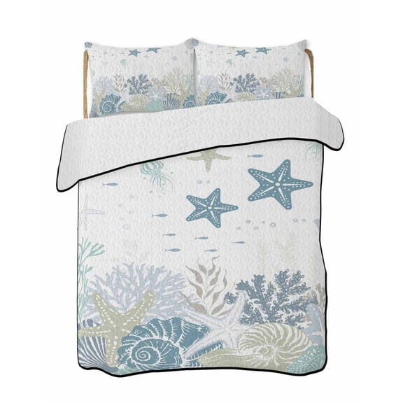Quilts Queen Size Bedding Set, Starfish Coastal Reversible Summer Quilt 3 Pieces, Nautical Summer Beach Coral Shell Seaside Lightweight Bedspreads Coverlets with 2 Pillow Shams for All Seasons