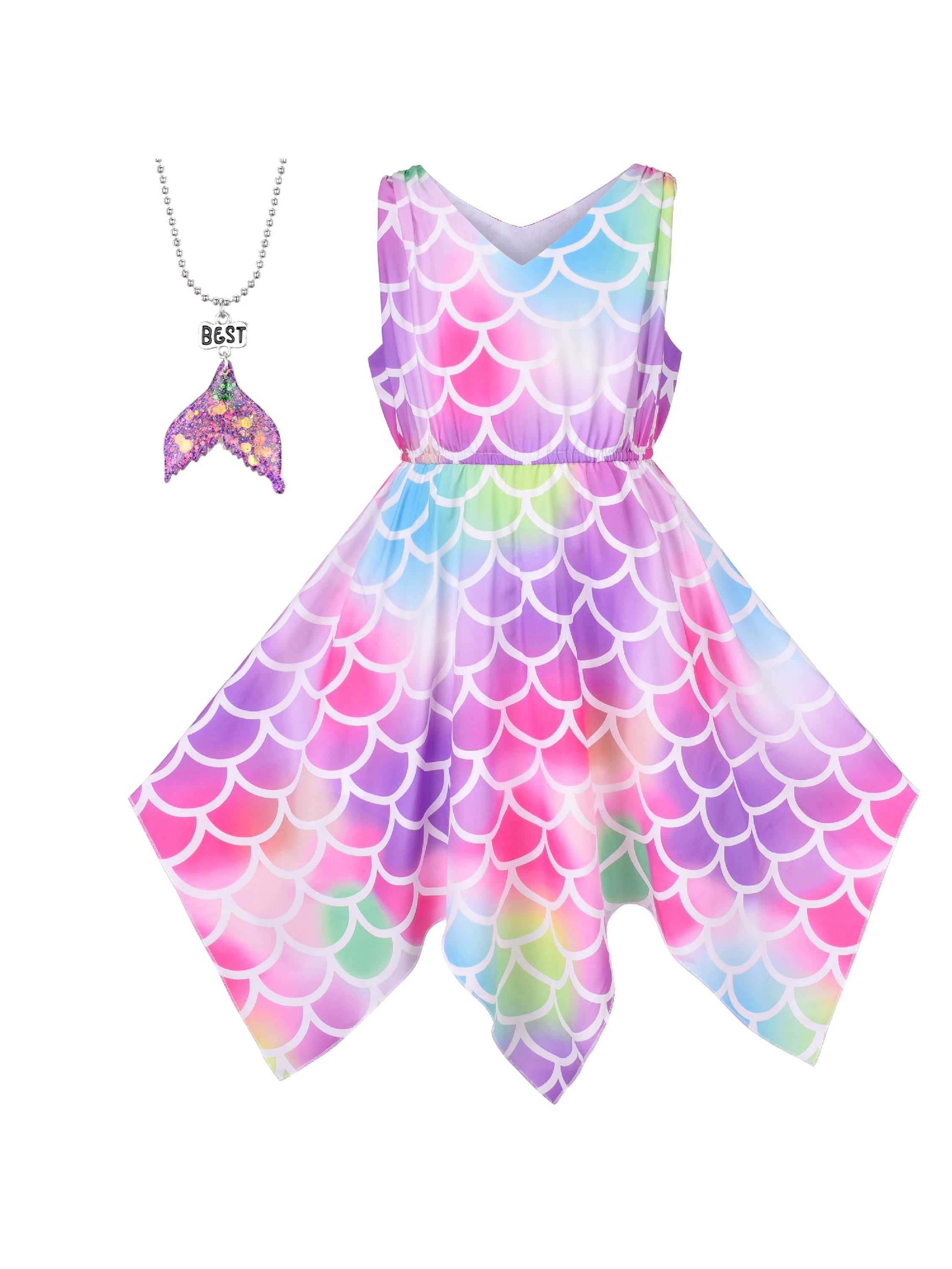 Girls Dress Rainbow Colorful Fish Scale Mermaid Hanky Hem Tail Princess 12  Years - Walmart.com