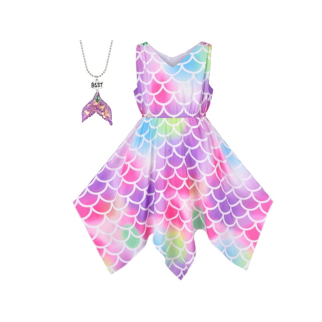 Girls Dress Rainbow Colorful Fish Scale Mermaid Hanky Hem Tail Princess 12 Years