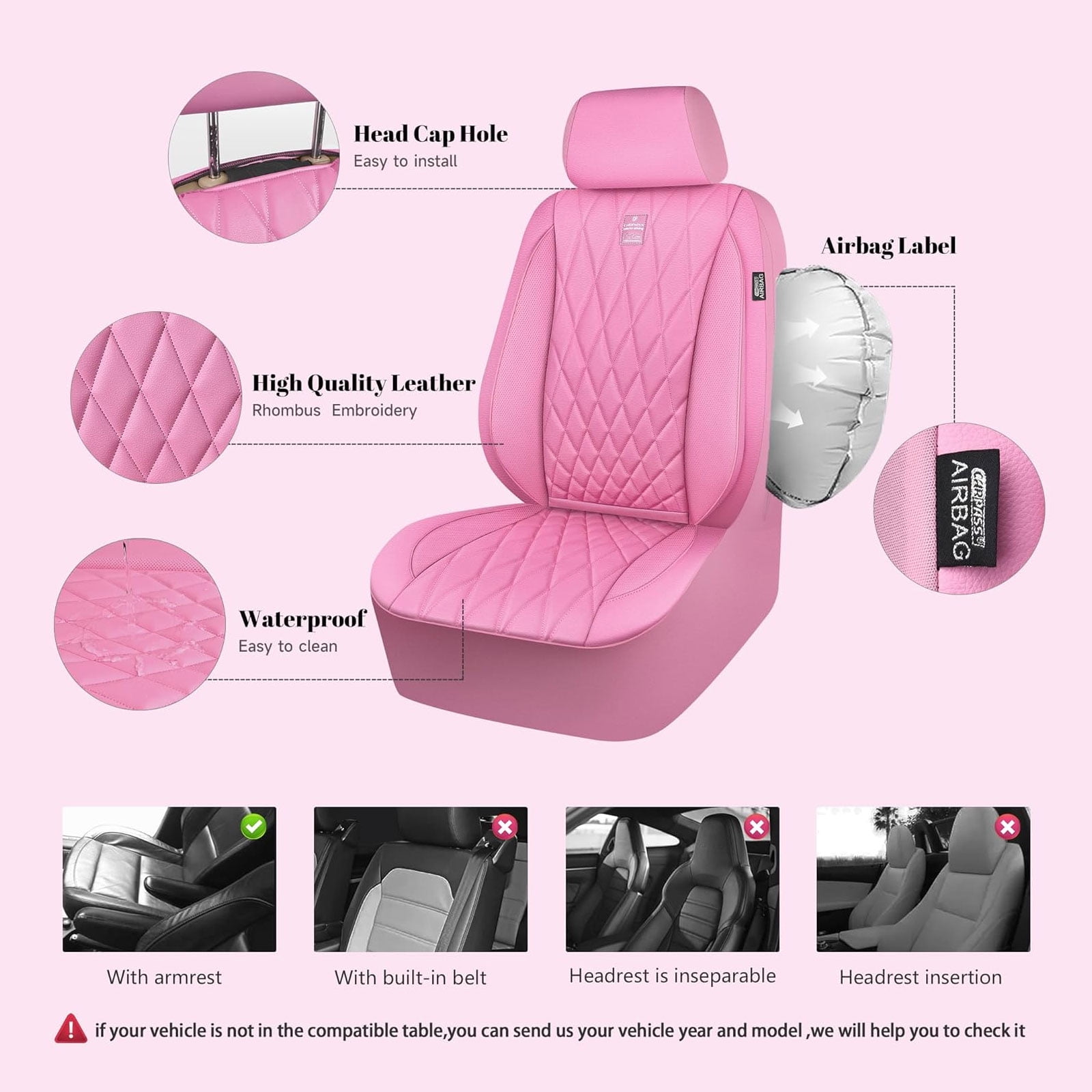 CAR GRAND Piping Luxury Faux PU leather Full Set Car Seat Covers Water Proof Armrest Airbag Compatible Universal Fit SUV VAN Truck All Pink