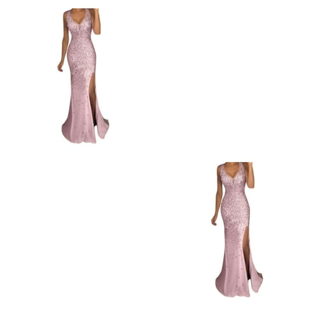 QualitChoice Evening Dress Party Outfit Festive Clothing V Neck Long Ball Slit Cocktail Fine Washable Exquisite Prom Dresses Pink XXL 2PCS