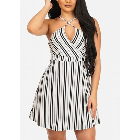 Womens Juniors Women's Sexy Going Out White Stripe Fit And Flare Summer Spring Dress