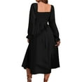 thumbnail image 4 of hirigin Women Tie Back Long Puff Sleeve Dress Shirred Ruffle V Neck Midi Dress Reversible High Waist A Line Dress (Black, L), 4 of 5