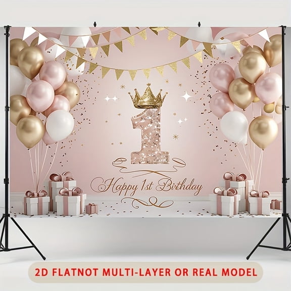 Happy 1st Birthday Backdrop Pink Gold Balloons First Birthday Photography Background Golden Glitter Confetti Newborn Shower Birthday Party Decorations Banner Supplies Photo Booth Props