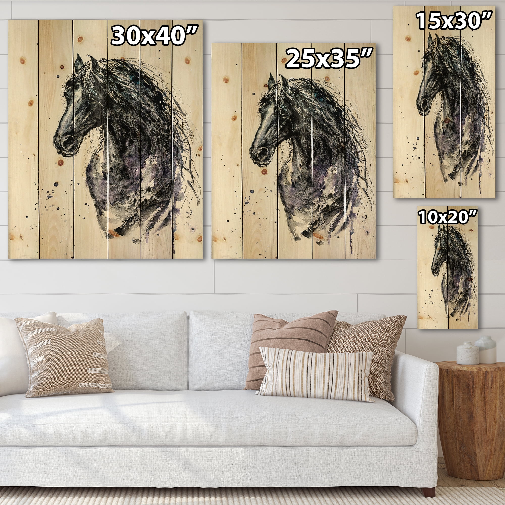 Designart 'Close Up of Friesian Horse With Long Manes' Farmhouse Print on Natural Pine Wood