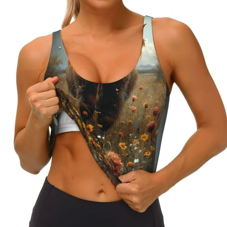 Qokaie Grassland Sunflower Cow Pattern Womens Scoop Neck Sports Bra Breathable Workout Vest Padded U Back Medium Impact Fitness Gym Yoga Bra Workout Crop Top