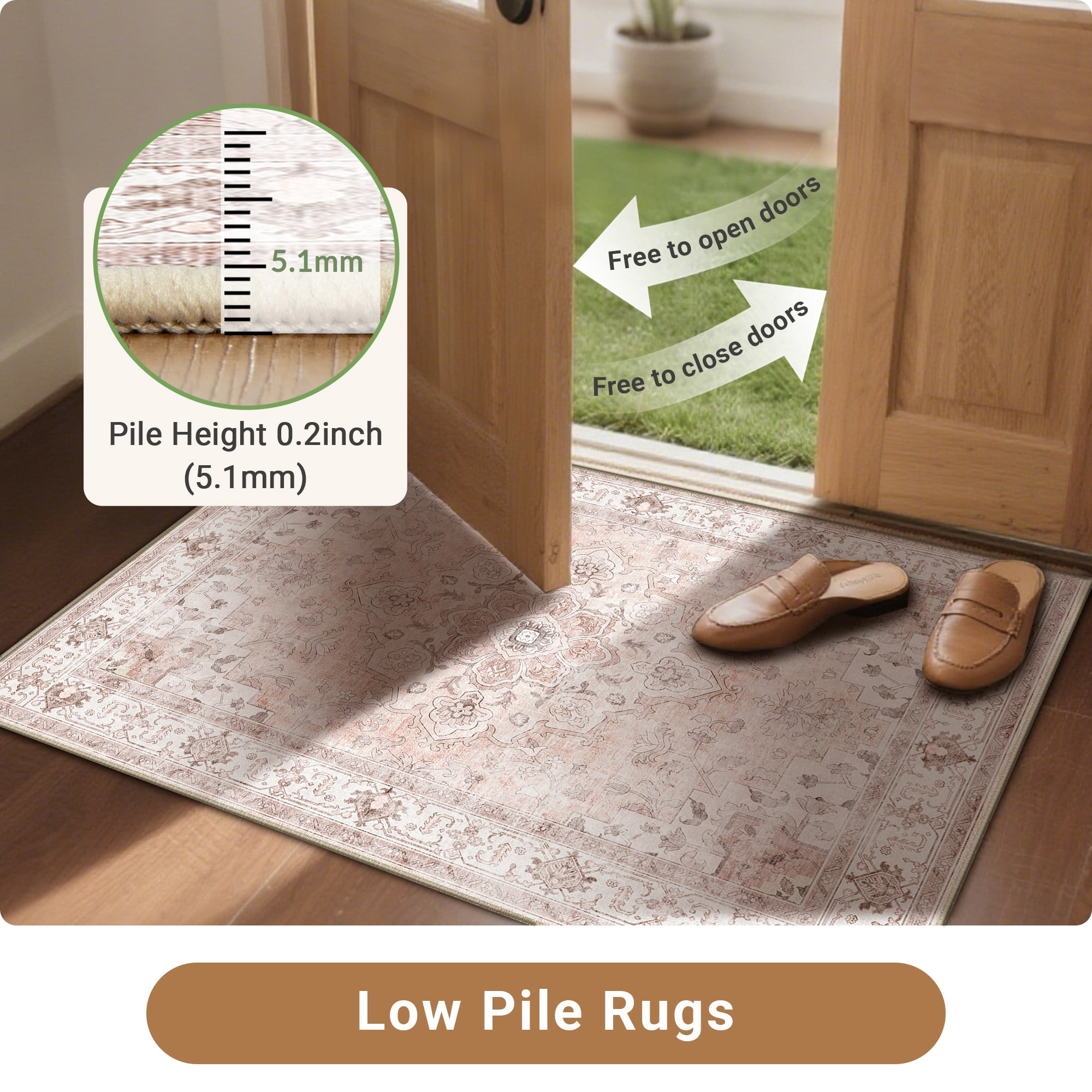 NewBuros 6'x9' Area Rugs, Machine Washable Non Slip Rugs for Living Room, Low Pile Water Repellent Soft Vintage Print Pattern Bedroom Carpet, Pink