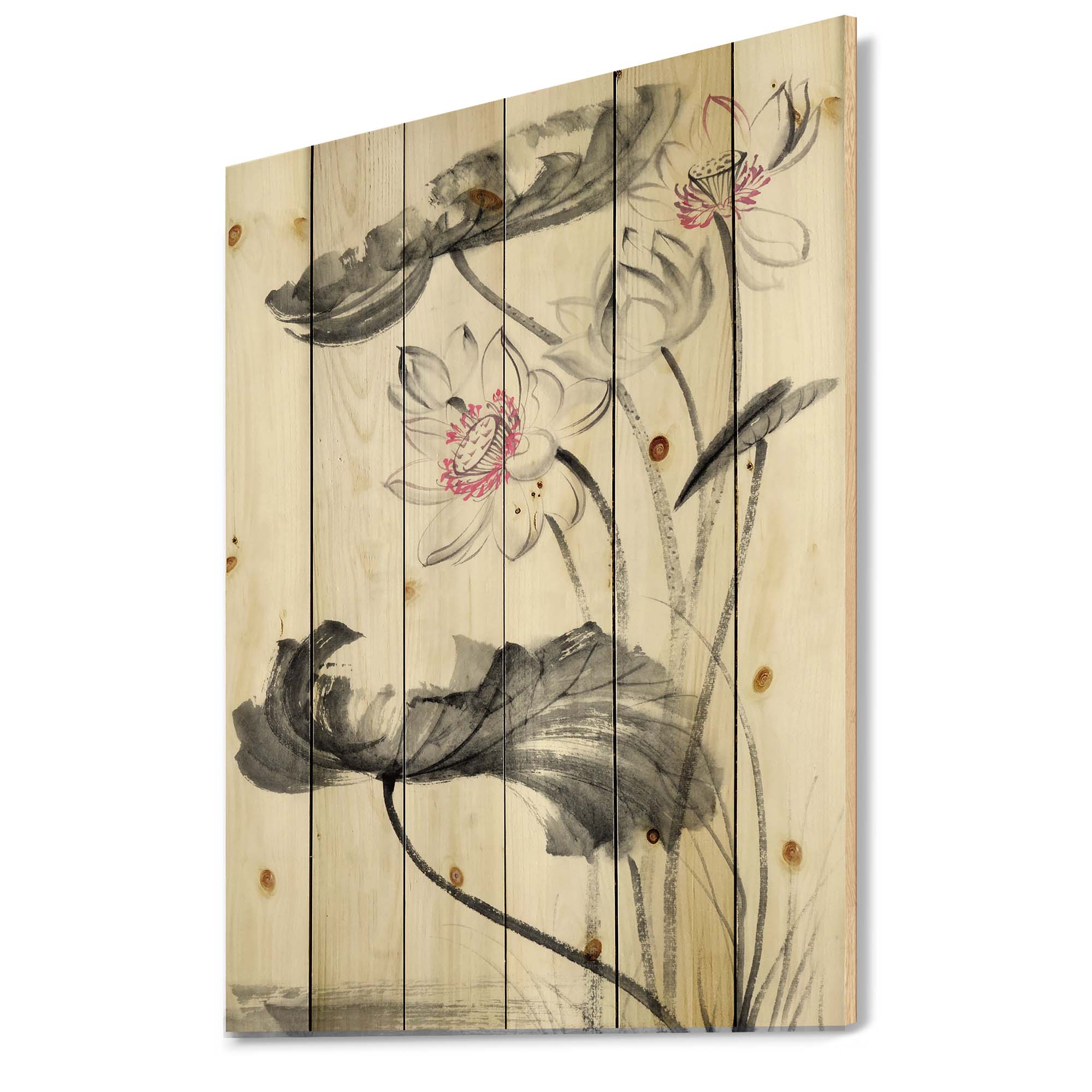 Designart 'Ancient Lotus Flowers' Traditional Print on Natural Pine Wood