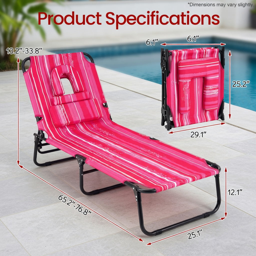 Hommoo Adjustable Beach Chaise Lounge Chair with Face Hole, Removable Pillows & Foldable Design, Blue