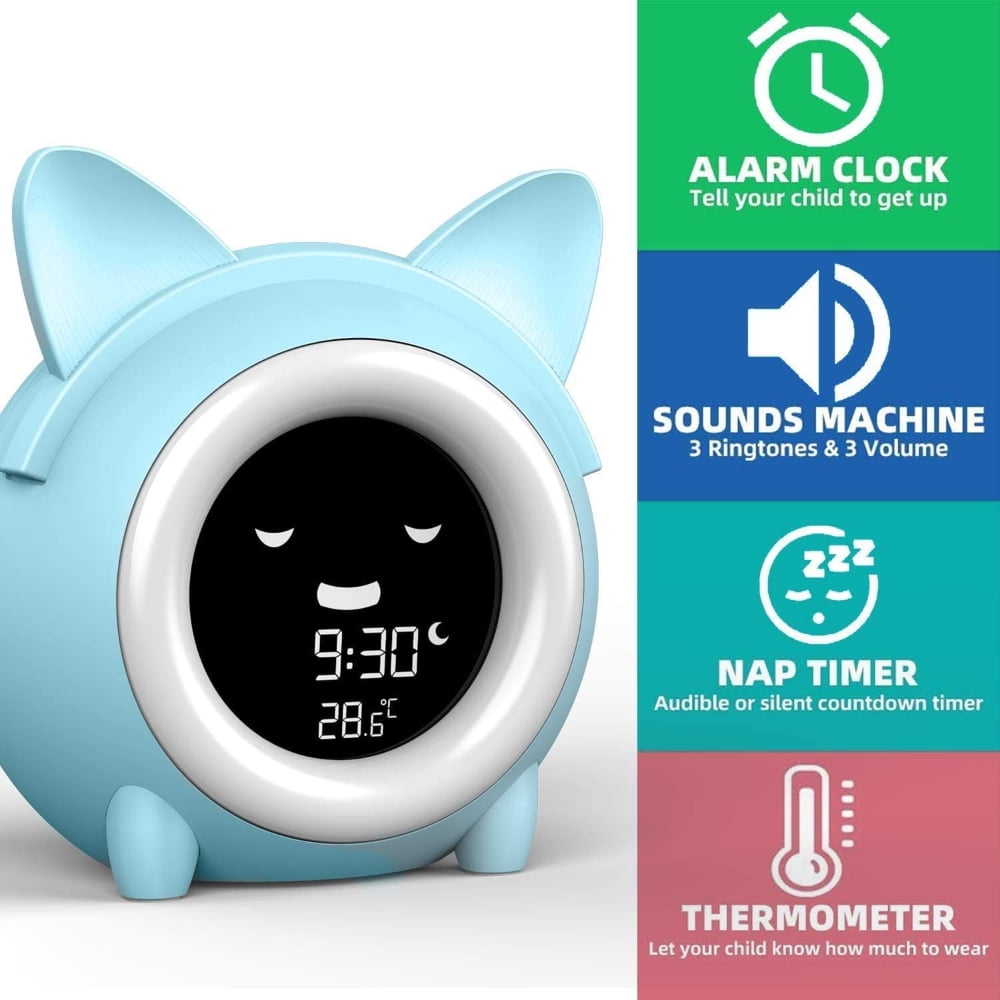 KEINXS Smart Night Light Digital Kids Alarm Clock with Cat Ears,Also with Indoor Temperature Detect,5 Color Night Light, Dimmer, 8 Nap Timer, Funny Faces, 12/24 H DST, Snooze Time to Wake Alarm
