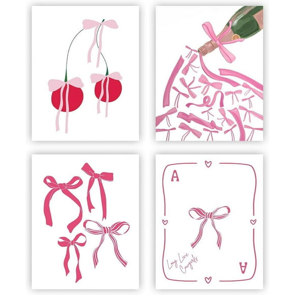 Trendy Bows Wall Art Preppy Room Decor, Bow Playing Cards Cherry Champagne Canvas Prints for Girl's Room Decor, Aesthetic Posters Bedroom College Dorm Decor, Set of 4, 8x10 Inches, Unframed