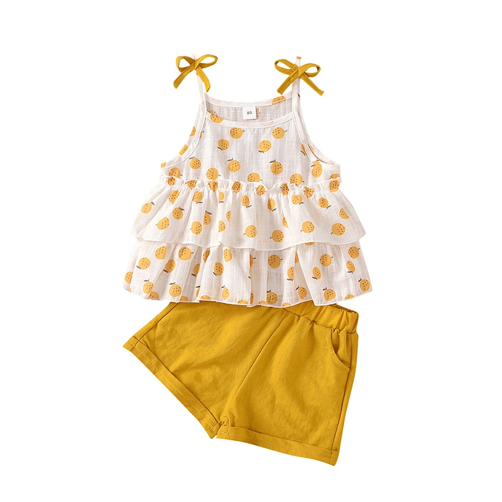 Toddler Baby Kids Girls Strap Bow Ruffles Tops Solid Shorts Pants Outfits Set 