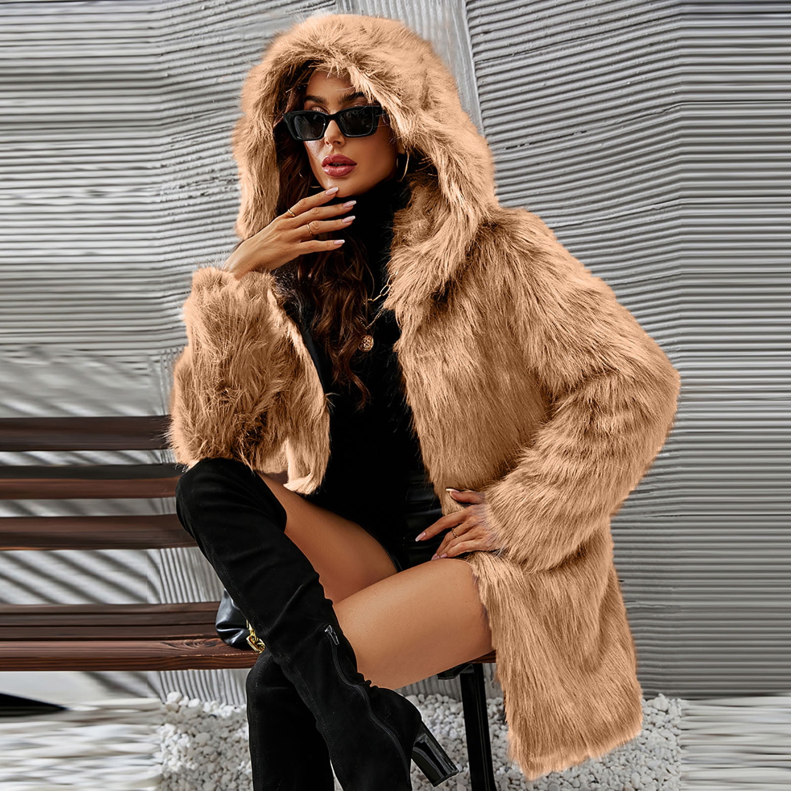 QATAINLAV Womens Winter Warm Faux Fur Coats Solid Color Hooded Fluffy Jackets Mid Length Ladies Cardigans Outerwear, Khaki, M