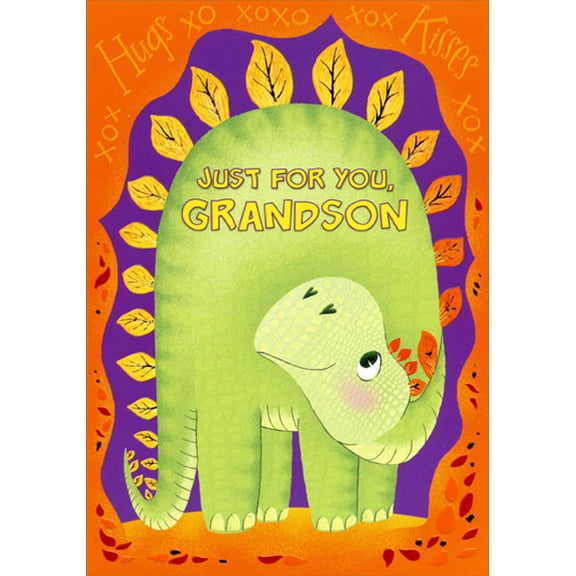 Designer Greetings Green Dinosaur with Yellow Spikes on Purple and Orange Juvenile Thanksgiving Card for Grandson