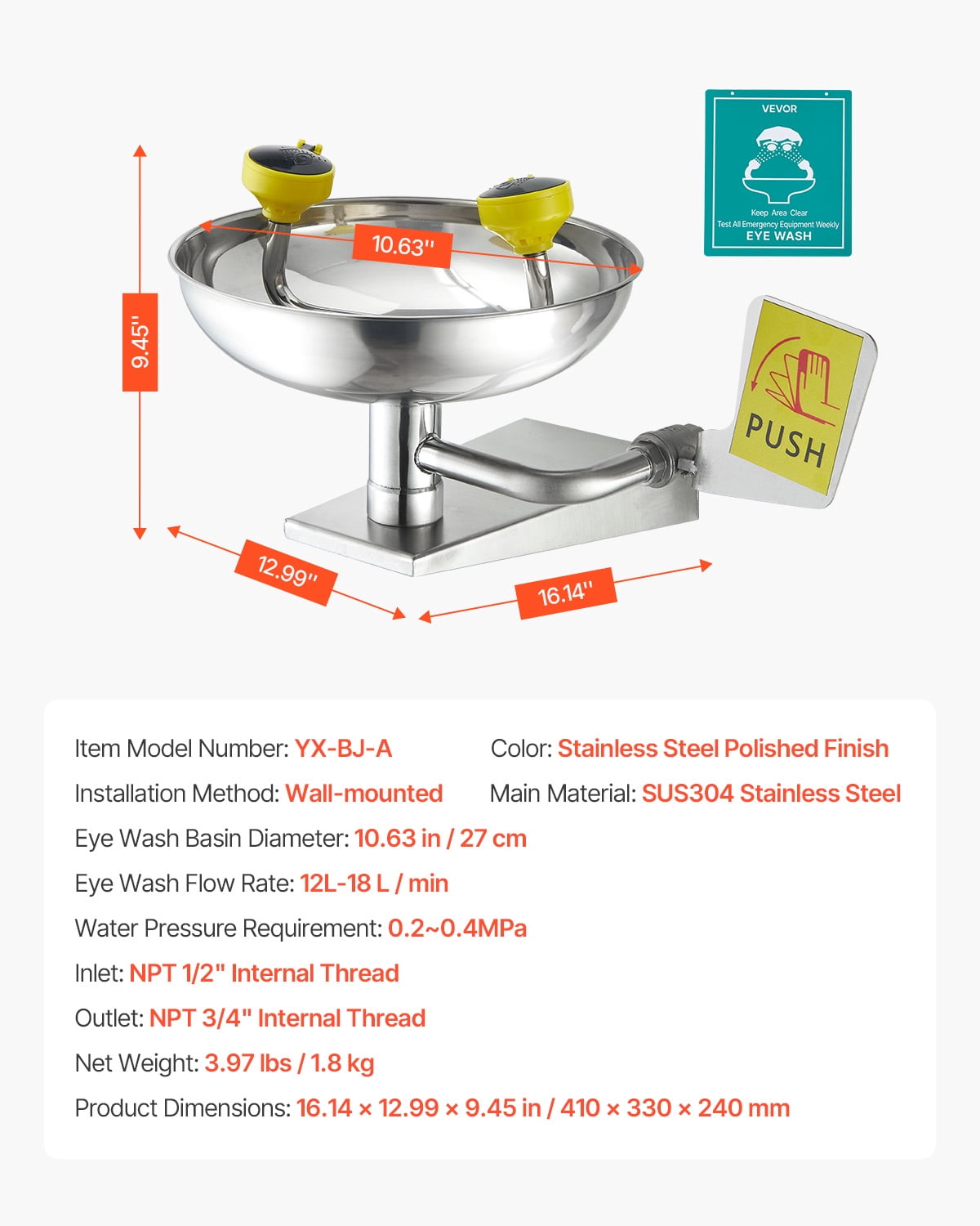 VEVOR Emergency Eye Wash Station, Stainless Steel Wall-Mounted Eyewash Unit, First Aid Eye Wash Sink 16.14 x 12.99 x 9.45 Inches, Ideal for Laboratories, Factories, Schools, Construction Sites