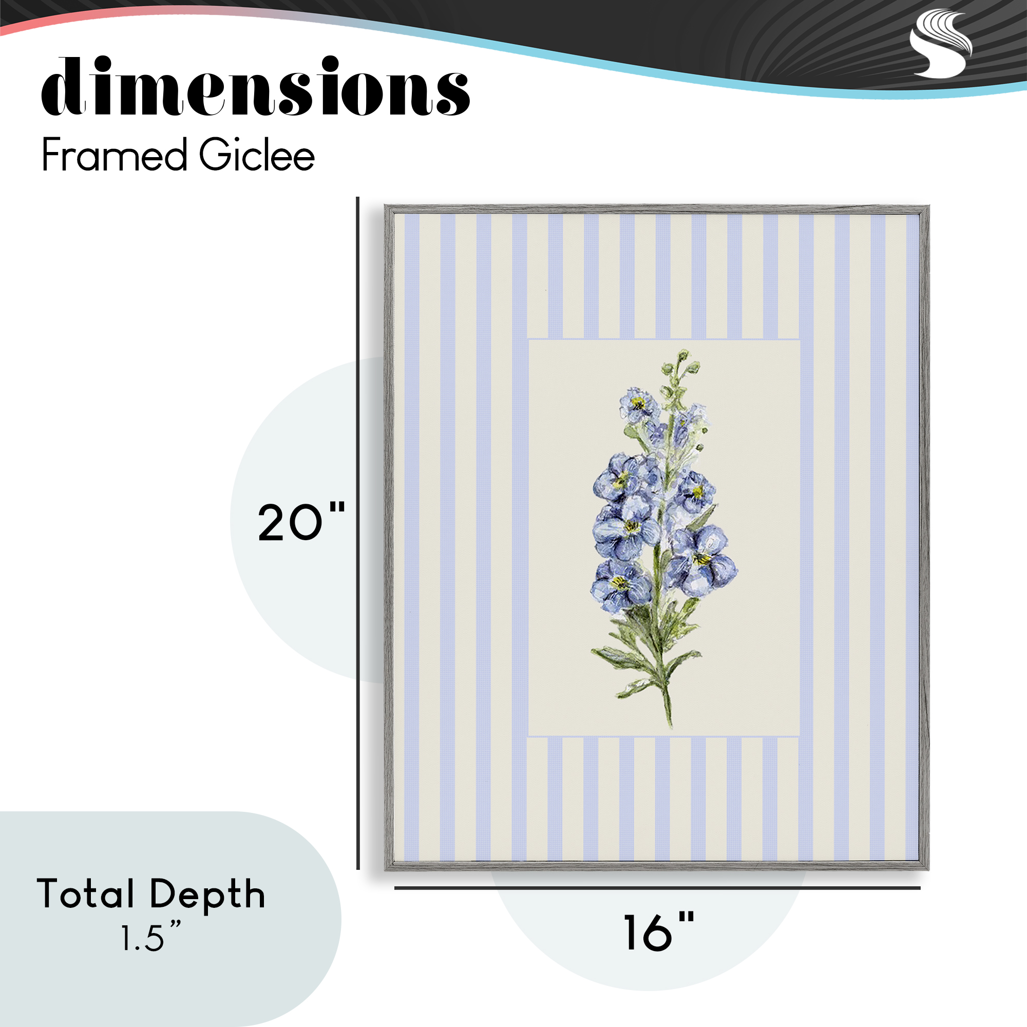 Blue Stripe Larkspur Gray Framed Giclee Art, design by Lisa Wehmeyer