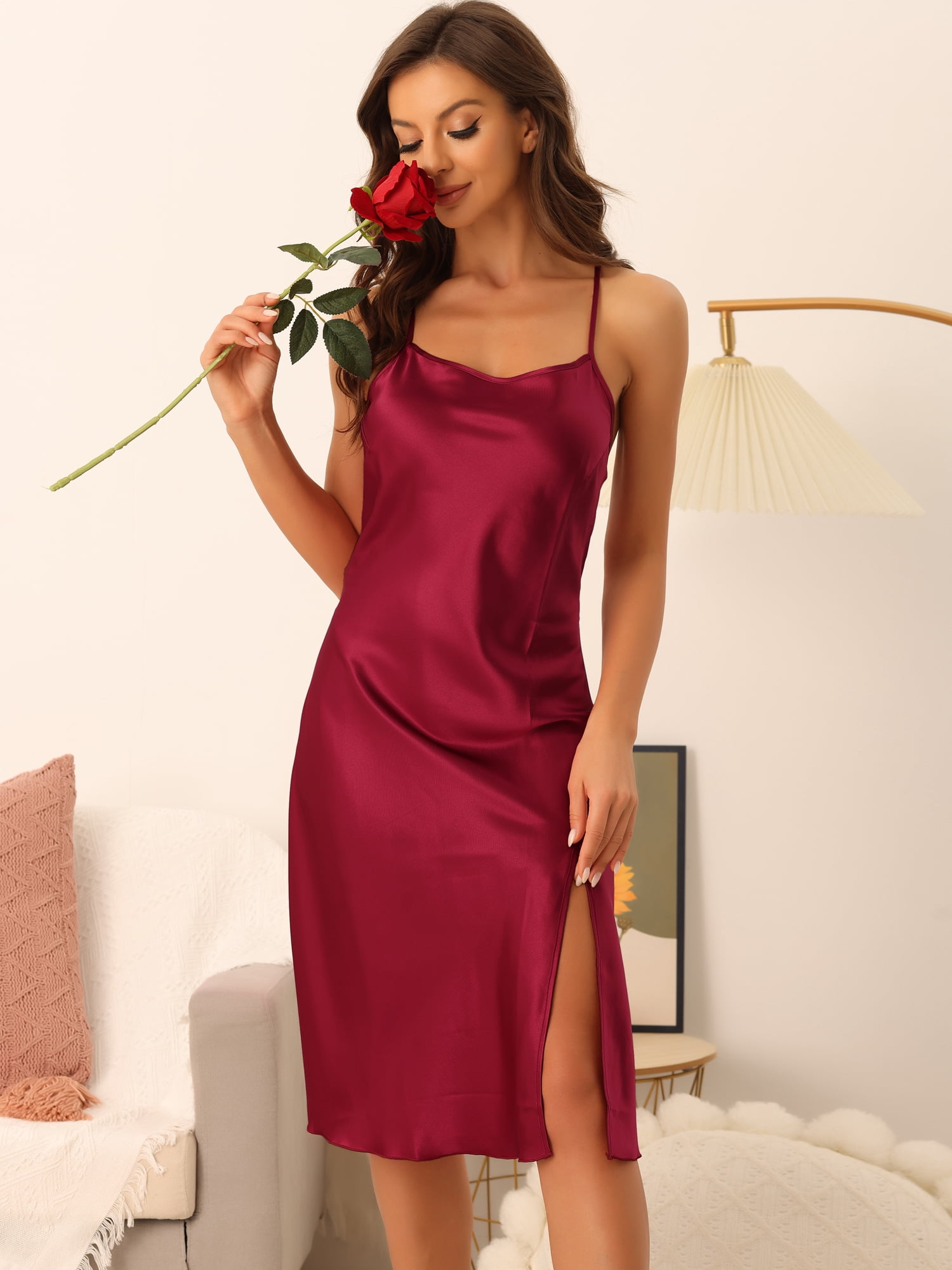 DARING DIVA Women's Satin Sleeveless Backless Slit Silky Midi Nightgown S Red
