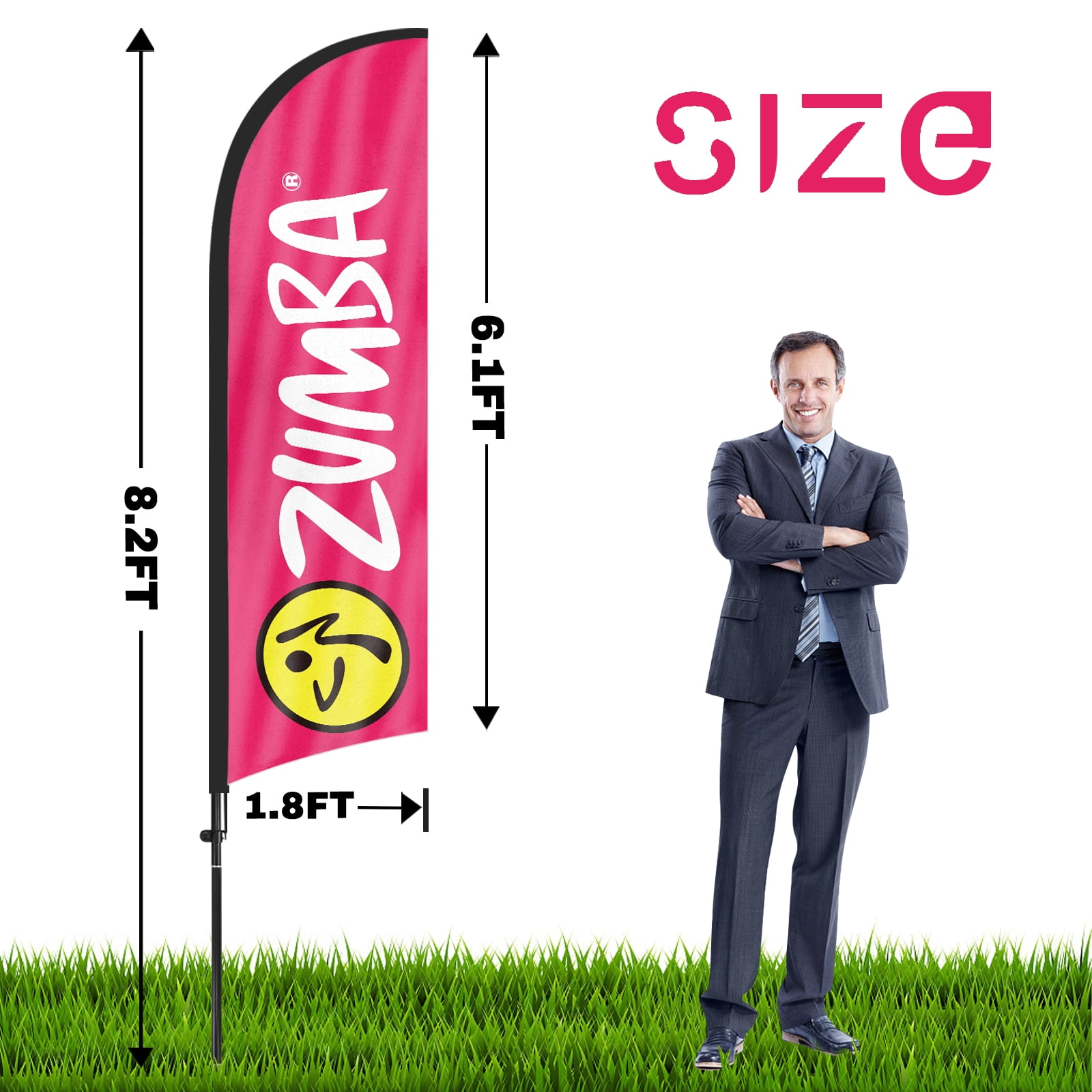 QSUM Zumba Feather Flag with Flag Pole Kit and Ground Spike, 8.2FT Zumba Windless Flag Banner Sign Business for Outdoor Advertising Sign Decoration Display