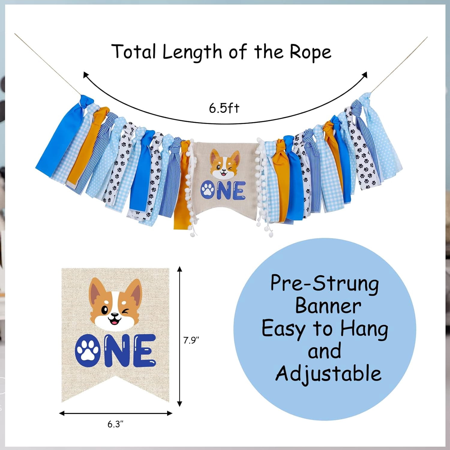 Dog Theme Birthday Party Decorations, Dog 1st Highchair Banner, Dog First Birthday Highchair Banner Boy Blue First Birthday Decorations for Boy Dog Theme Party Supplies