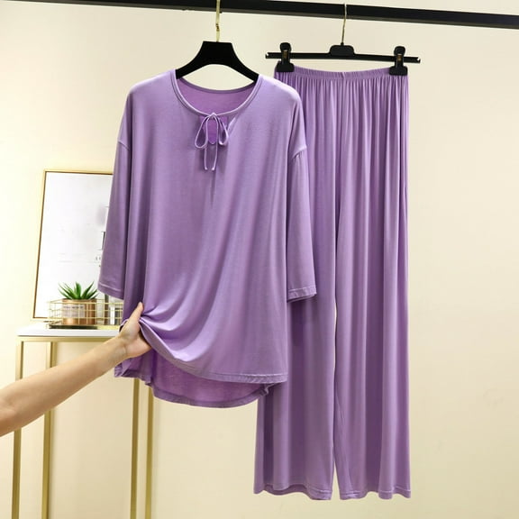 FRSASU Sleepwear Set Women's Round Neck Lace up Long Sleeve T-shirt Wide Leg Pants Home Wear Solid Two-piece Pajama Sets Purple