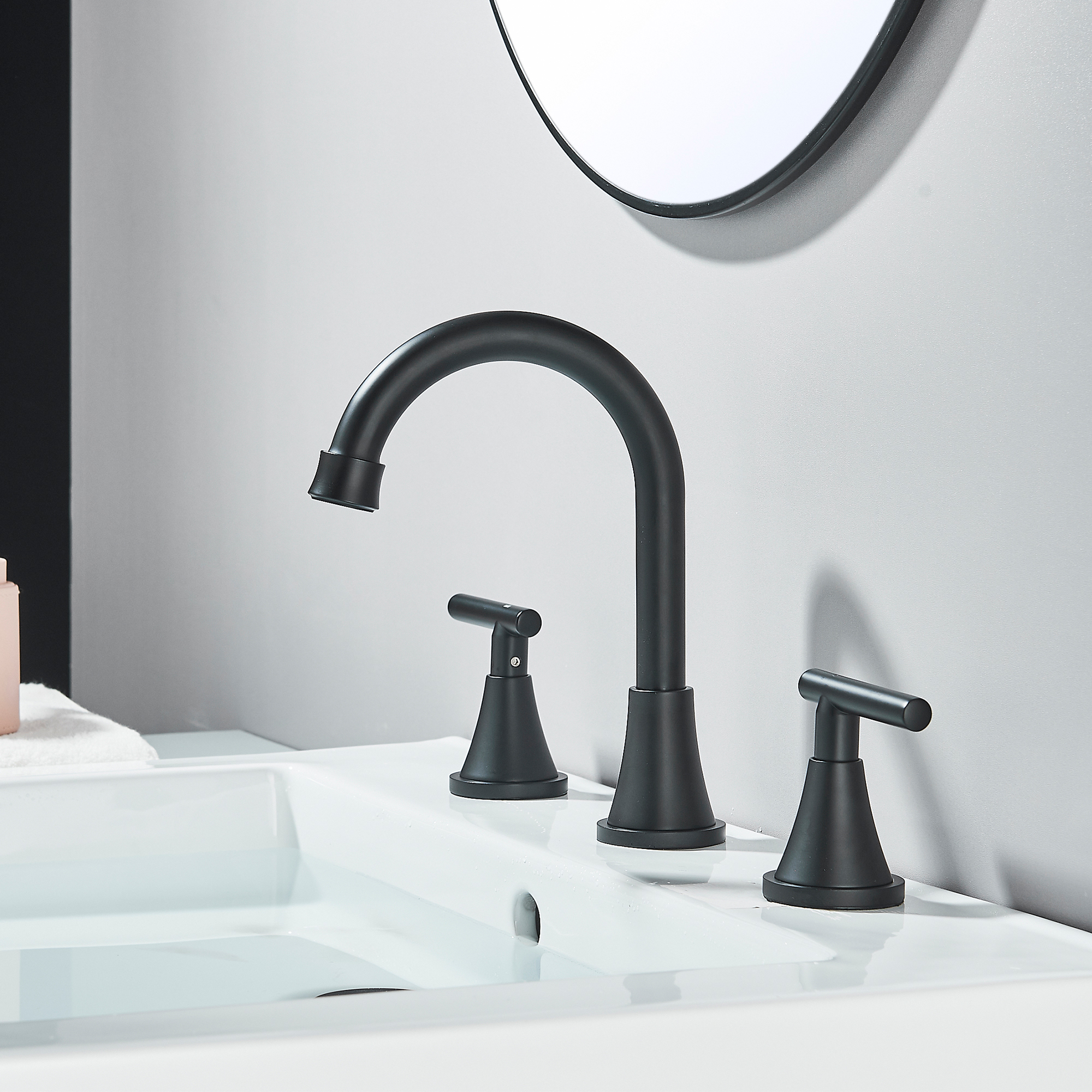 Zovajonia Matte Black  Bathroom Faucet 3 Hole Vanity, 2 Handle 360° Swivel 8 Inch Widespread Bathroom Sink Faucet , with Pop-up Drain, Supply Lines