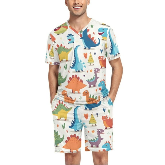 joogoo Men's Pajama Set Cute Dinosaurs Cartoon V-Neck Pj Shorts Set 2 Piece Loungewear Sleepwear L