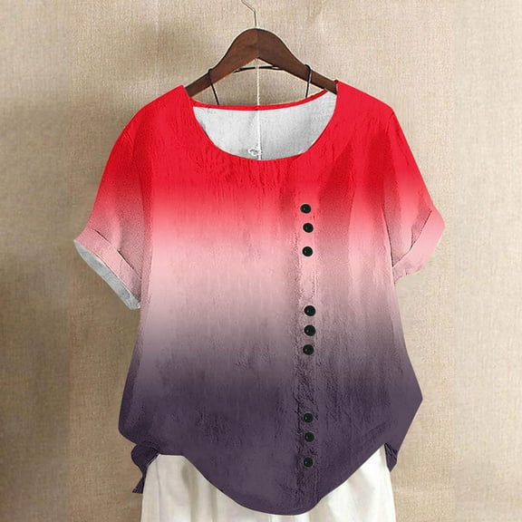 YHAJDS Basic Tops for Women Short Sleeve Round Neck Striped Print Linen Like Button Tee