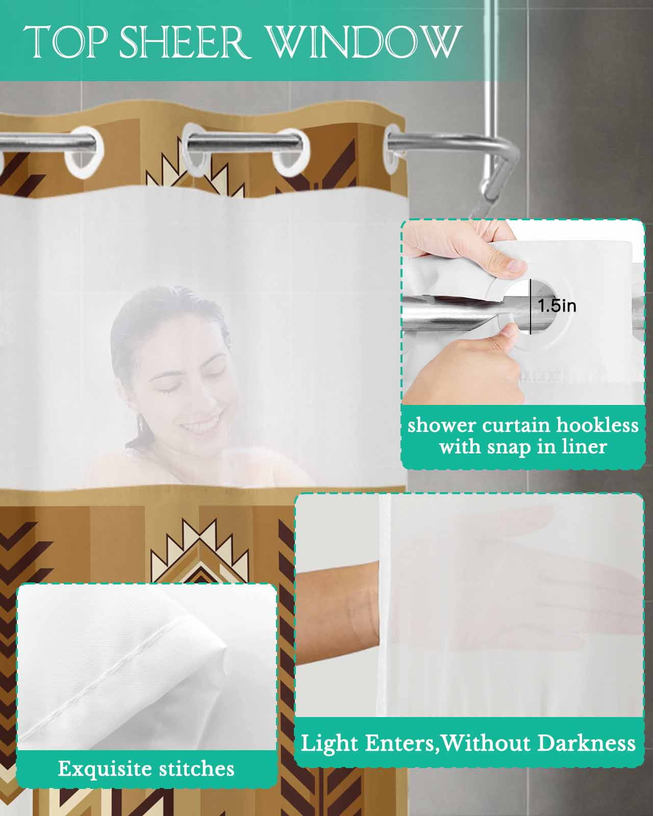 No Hook Shower Curtain with Snap in Liner, Boho Moroccan Brown Gradient Striped Geometric Hotel Shower Curtains for Bathroom, Washable Shower Curtain Liner Set with Mesh Top Window, 72”x78”