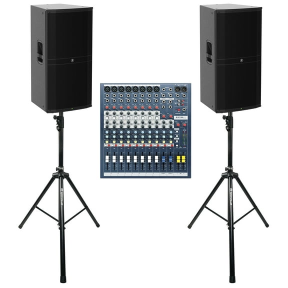(2) Mackie DRM315 2300w 15" DJ PA Speakers Soundcraft Mixer Air Powered Stands