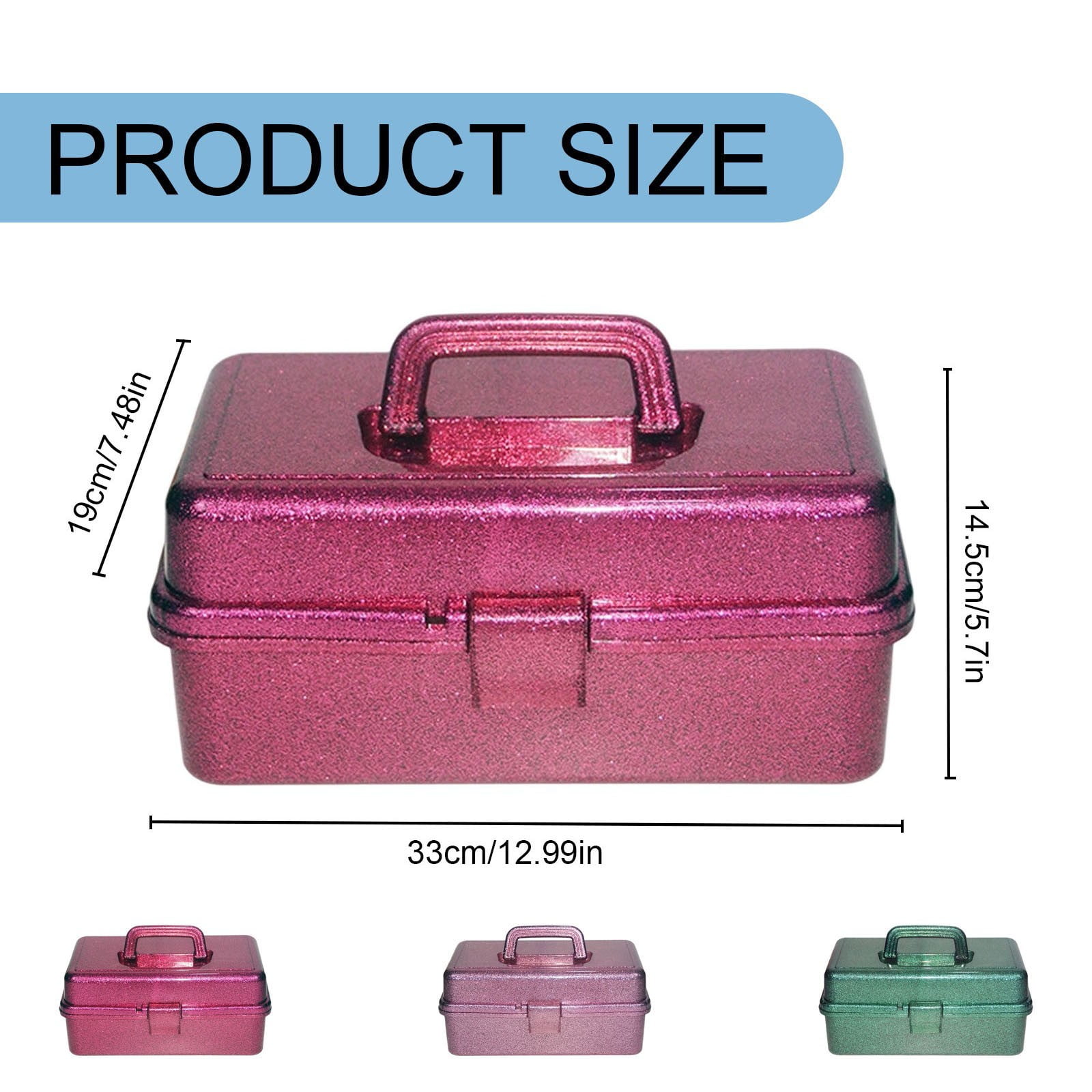 3 Layer Glitter Craft Storage Box with Dividers, Stackable Trays Create Compartments, Thread and Brushes, Clear Sparkle Lid Carry Tackle Box Red