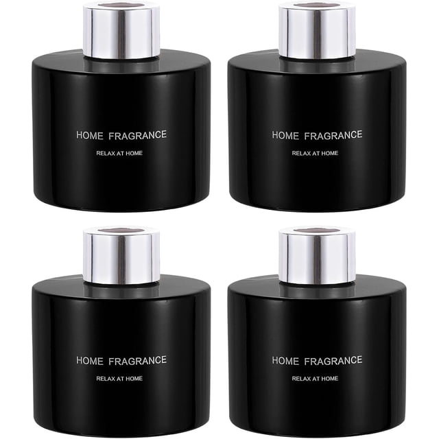 HARFINGTON 4pcs Empty Glass Diffuser Bottle 140ml/4.7oz Refillable Fragrance Accessories Aromatherapy Jar Container for Replacement Reed Diffuser DIY Home Bathroom Black with Silver Tone Cap