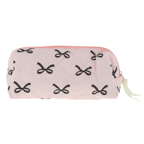 Unique Bargains 1 Pc Bow Pattern Makeup Bag for Travel Pink Black Polyester