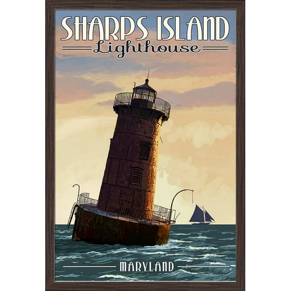 Maryland - Sharps Island Lighthouse - Lantern Press Artwork (16x24 Giclee Art Print, Gallery Framed, Espresso Wood)