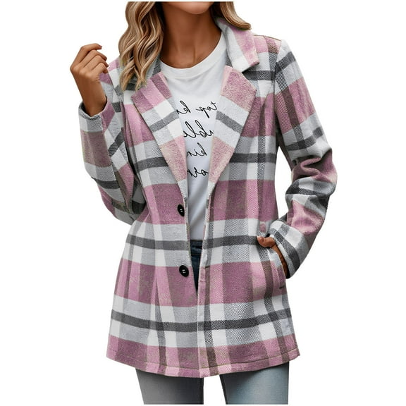 Women's Winter Notched Collar Plaid Wool Trench Coat Button Down Mid Long Overcoat Outerwear Elegant Work Suit Business Dress