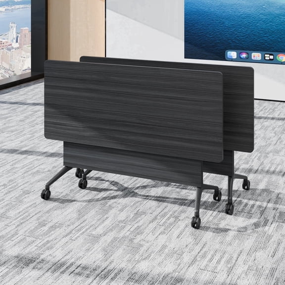 2PCS Modular Folding Conference Table with Wheels 55.1in, Collapsible Conference Room Tables for Office Classroom Black