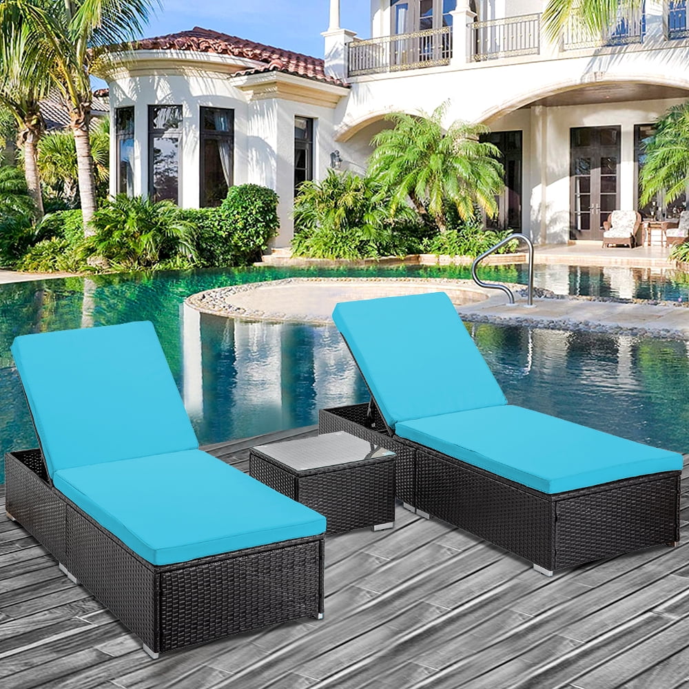 Set of 3 Rattan Chaise Lounge Chairs with Side Table, Outdoor Reclining