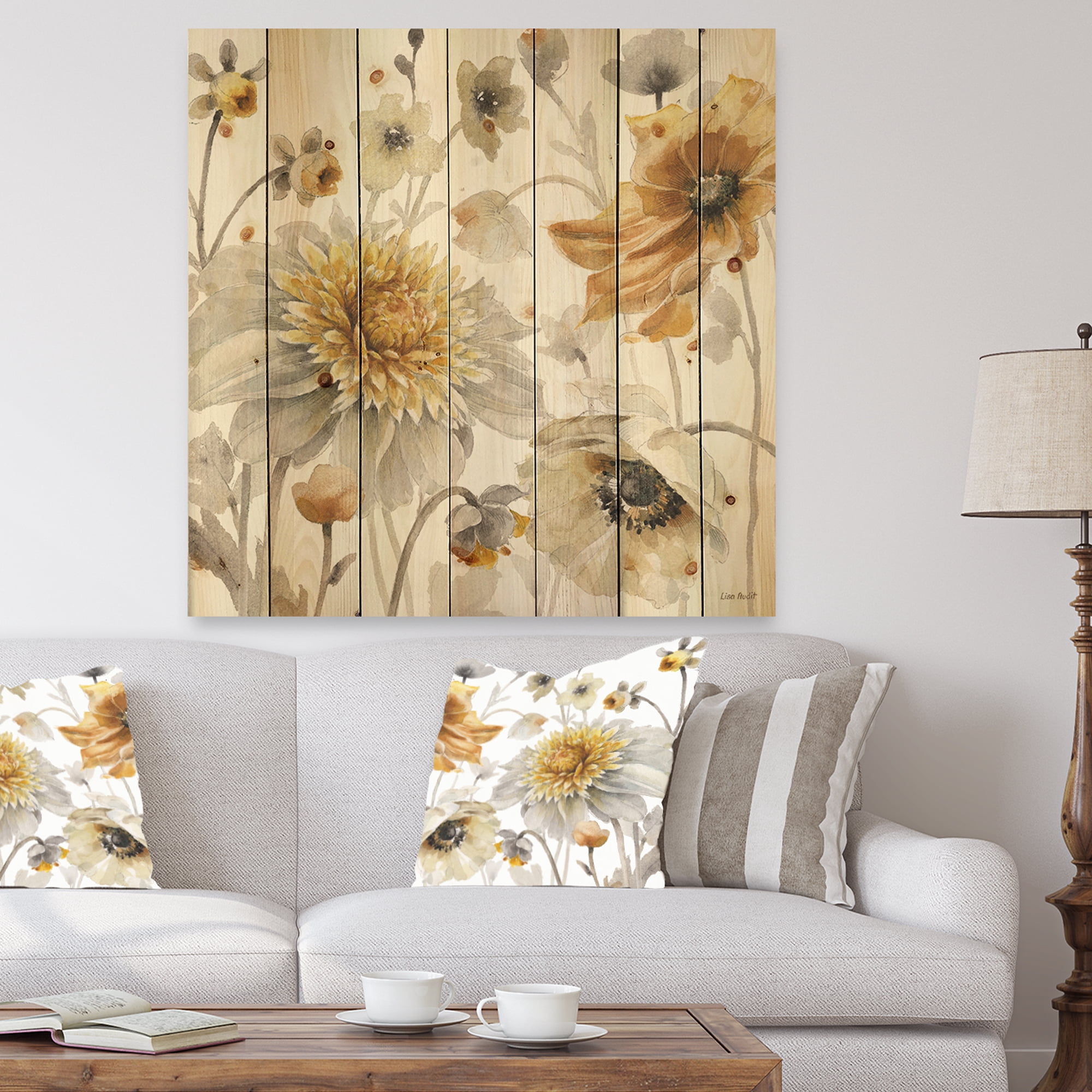Designart Fields of Gold Watercolor Flower VI Traditional Print on Natural Pine Wood Art Print, 46" x 46"
