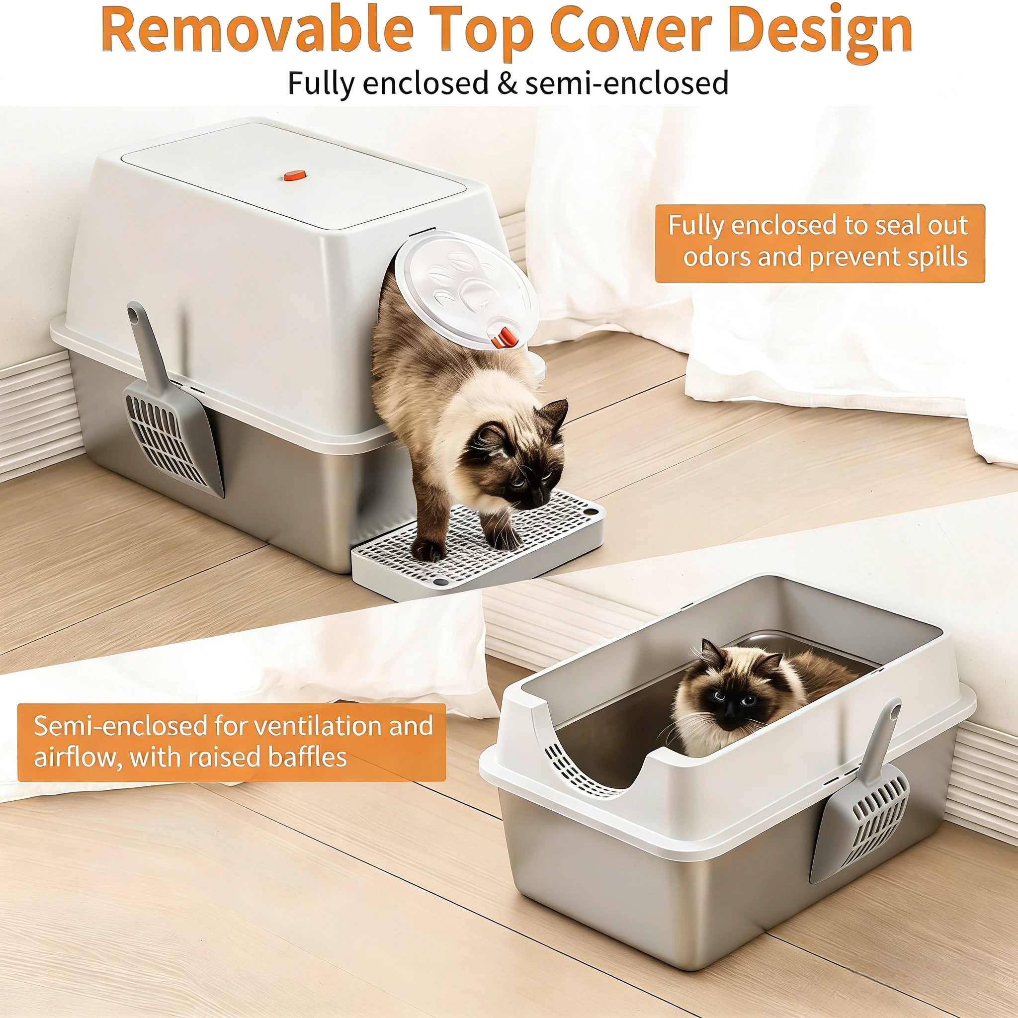 tainless Steel Litter Box with Lid, XL Extra Large Enclosed Cat Litter Box Fits All Cats Modular Design with Flip Cover, Top Entry Metal High Sided Cat Box & Pedal & Scoop