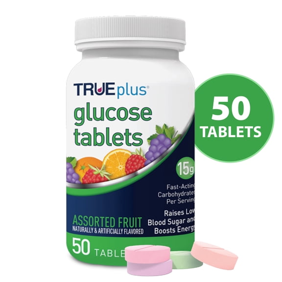 TRUEplus Glucose Tablets, Chewable, Assorted Flavors, 15g Fast-Acting Carbs, 50 Count