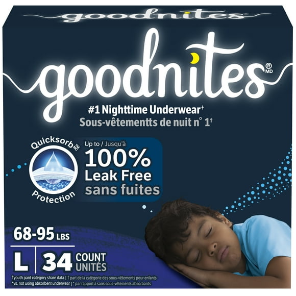Goodnites Boys' Nighttime Bedwetting Underwear, Size L (68-95 lbs), 34 Ct