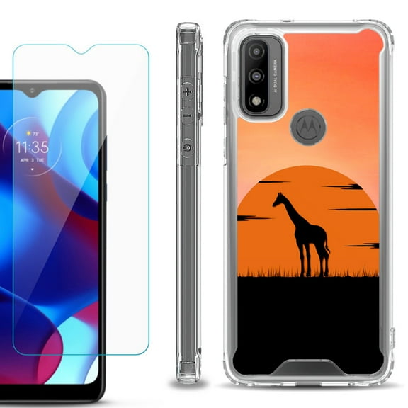 Shockproof Bumper Phone Case for Motorola Moto G Pure, with Tempered Glass Screen Protector, by OneToughShield ® - Sunset Giraffe
