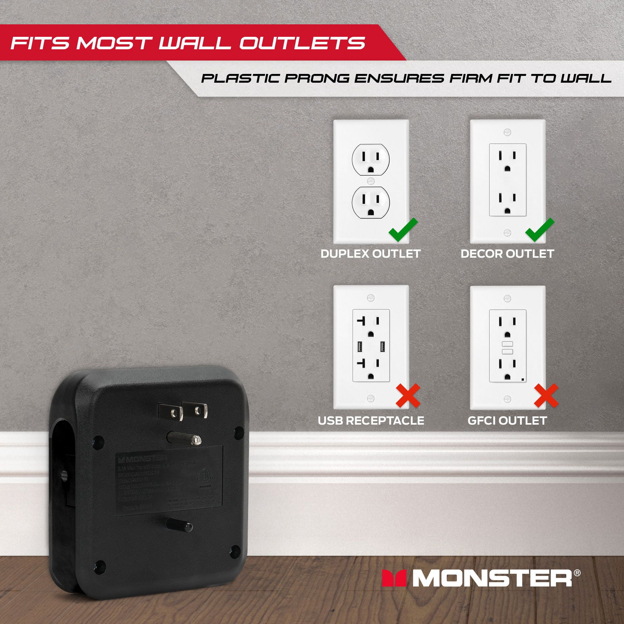 Monster 900J Wall Tap Surge Protector: 3 Grounded Outlets & 2 USB Ports
