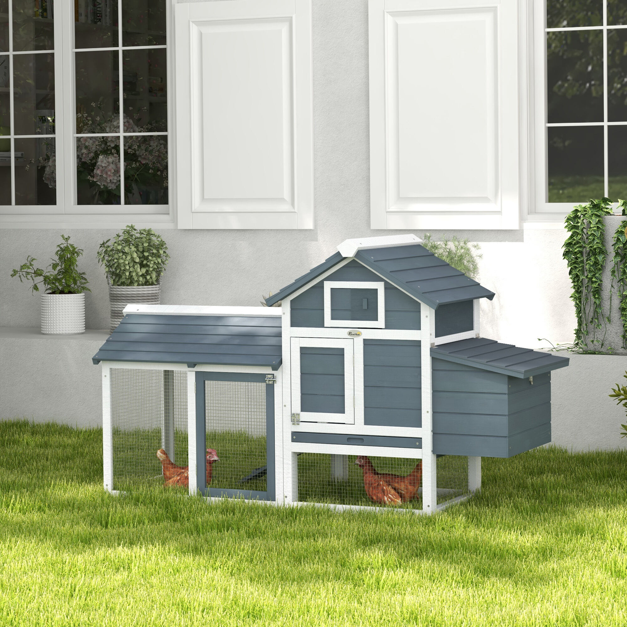 Dog Crate, PawHut 59" Small Wooden Chicken Coop Hen House Poultry Cage for Outdoor Backyard with 2 Doors, Nesting Box and Removable Tray, White, White Pet Playpen,Wood Chicken Coop