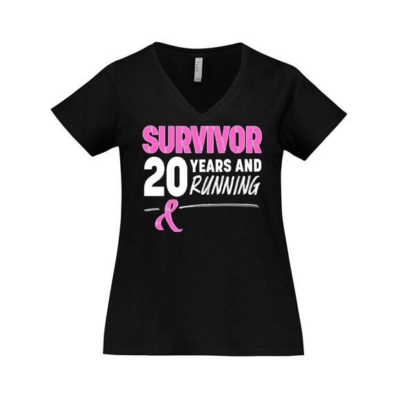 Inktastic Breast Cancer Survivor 20 Years and Running with Pink Ribbon Women's Plus Size V-Neck T-Shirt