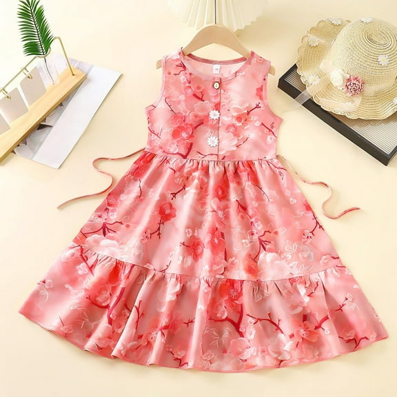 Antinious Little Girls Summer Dress,Toddler Girl Casual Dress,Summer Children's Little Girl Floral Medium-length Sleeveless Printed Suspender Beach Dress,Multicolor,120