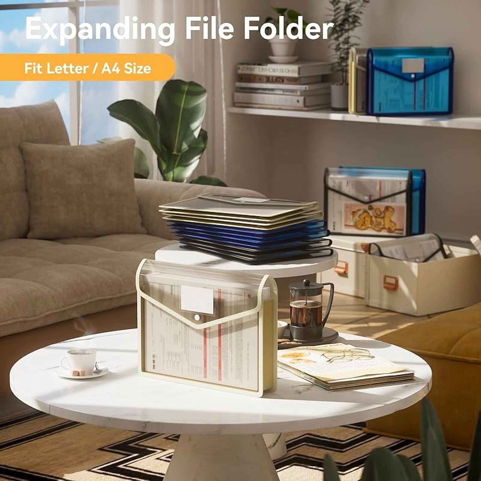 6 Pack Plastic Expanding File Folder, Transparent envelopes with Snap Closure, No Dividers, Large Capacity, Assorted Colors, Fit Letter/A4 Size